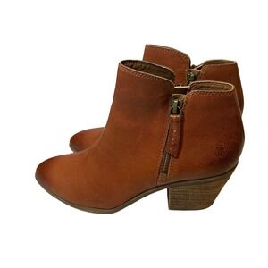 FRYE Melissa Button Tan Leather‎ Ankle Boots Women's Size 6 Side Zip Block Heel